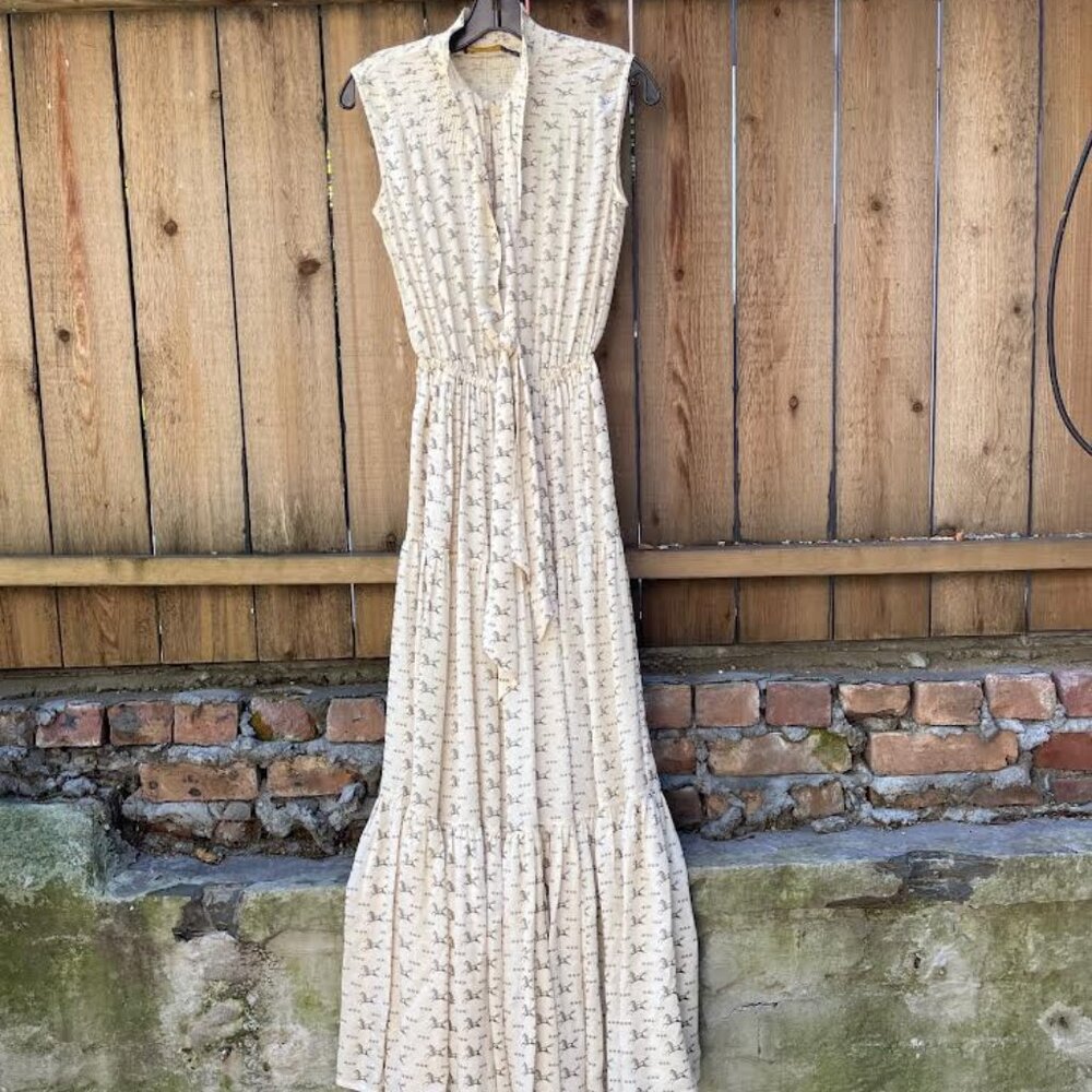 Polo Ralph Lauren Cream Horse Print Silk Tie-Neck Maxi Dress XS